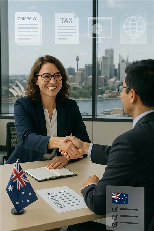 Business professionals shaking hands in Sydney office with Australian flag and compliance documents – showcasing ICS support for Australian business setup, compliance, and tax advisory services