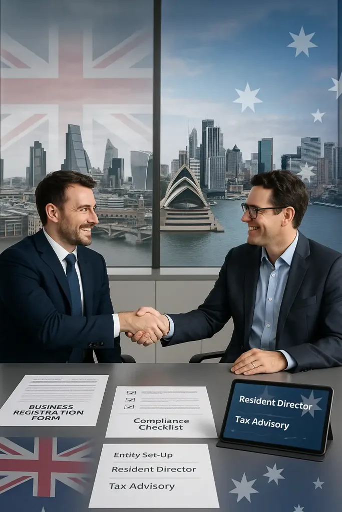Two business professionals shaking hands in Sydney office with UK and Australian flags, representing business setup and resident director services for UK companies expanding to Australia