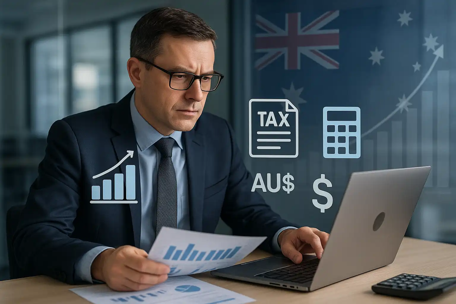 Accounting & Bookkeeping Services for UK Clients Managing Australian Operations – Professional analysing financial reports and tax data with AU$ and tax icons overlayed.