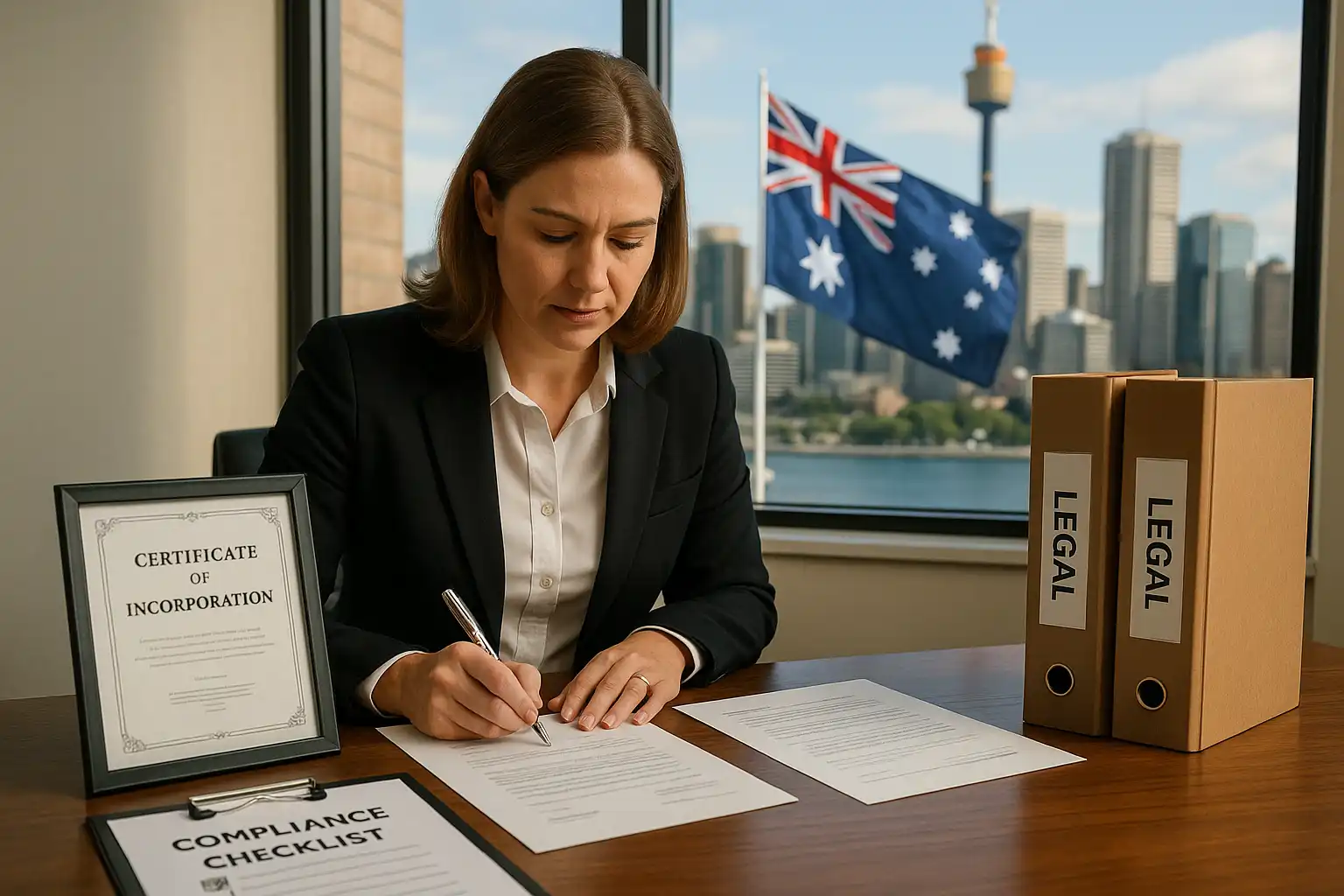 Australian Resident Director Services for UK Companies – Business professional signing compliance documents with legal binders and Australian cityscape in the background.