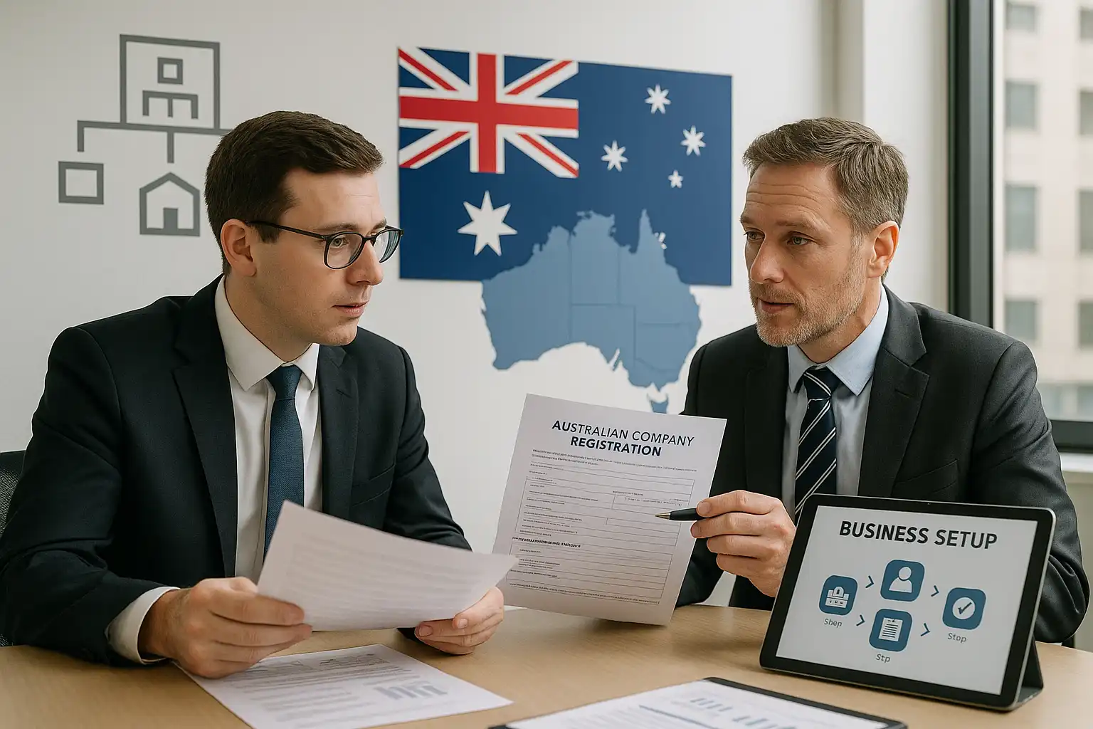 Start a Business in Australia – Business advisory and entity set-up for UK entrepreneurs as two professionals discuss company formation documents, with a digital 'Business Setup' screen and Australian flag in the background.