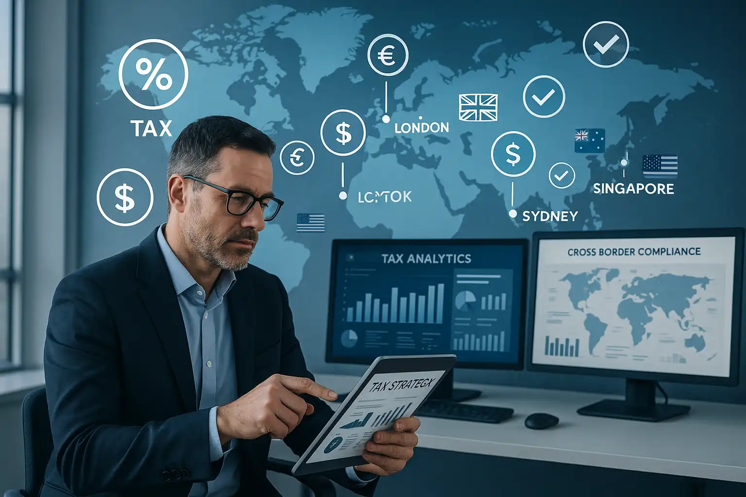 Cross-Border & International Tax Services for UK Businesses – Professional reviewing global tax analytics with world map, compliance dashboards, and financial icons.