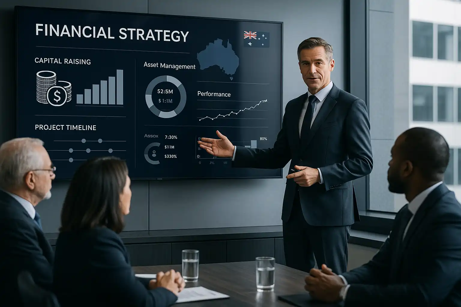 Outsourced CFO Services for UK Companies Expanding into Australia – Executive presenting financial strategy with performance data and Australia-focused growth charts.