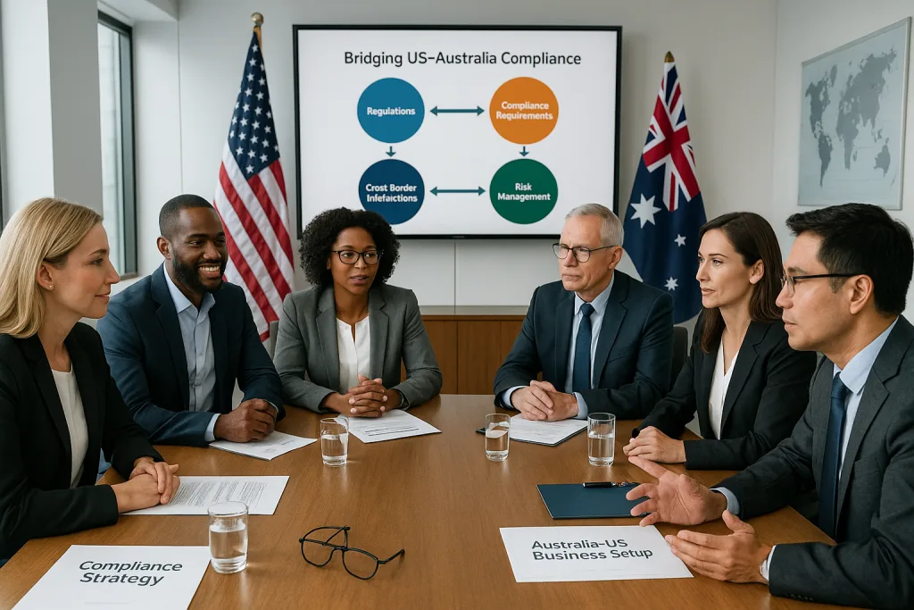 International team discussing Australia–US business compliance strategy, with ICS supporting legal and regulatory alignment for US-based companies.
