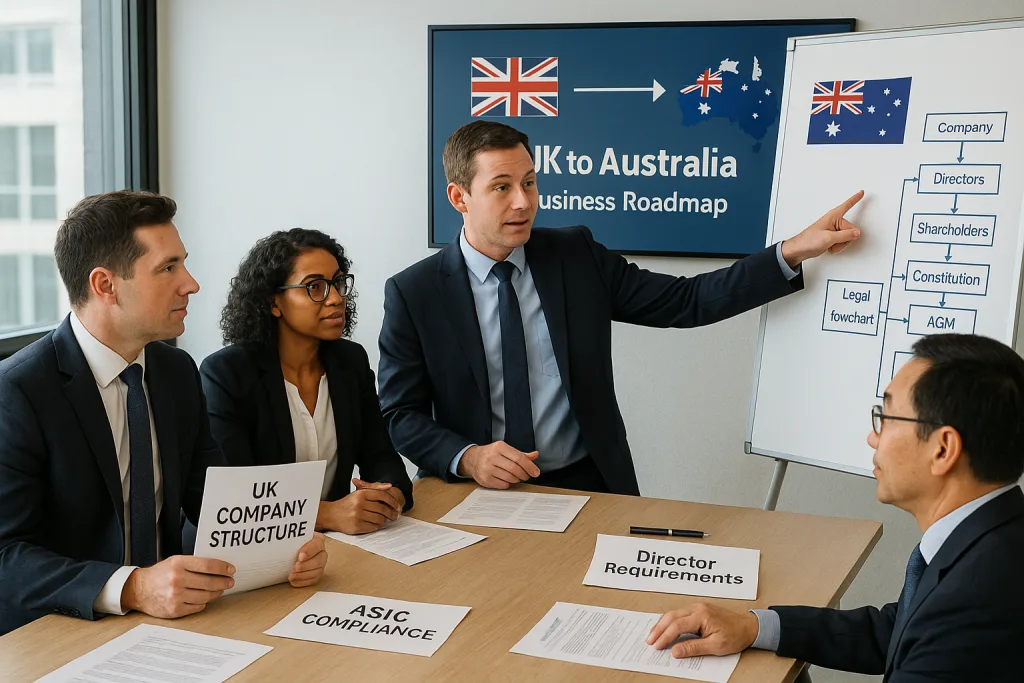 A professional business meeting is underway with four people around a table. A man in a suit stands, pointing to a whiteboard displaying a "UK to Australia Business Roadmap" with flags of both countries and a corporate structure flowchart. On the table, documents are labeled "UK Company Structure," "ASIC Compliance," and "Director Requirements," indicating a discussion about international business expansion, legal, and compliance matters. all about related to ASIC Compliance Services