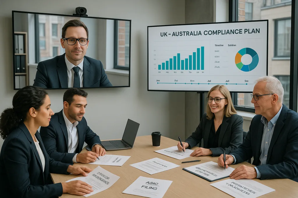 A diverse group of professionals are gathered in a modern office for a hybrid meeting, with one participant on a large screen. They are discussing a "UK - AUSTRALIA COMPLIANCE PLAN" displayed on another large screen, featuring charts and graphs. At the table, four individuals review documents, one labeled "ASIC FILING," indicating a focus on ASIC Compliance Services for UK businesses expanding into Australia.