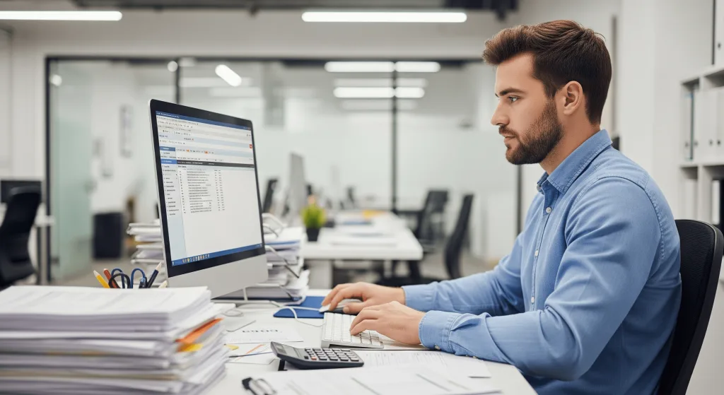 A young Australian professional, likely an accountant, is diligently working at a computer in a modern office, surrounded by paperwork and a calculator, illustrating the focused nature of outsourced accounting services.