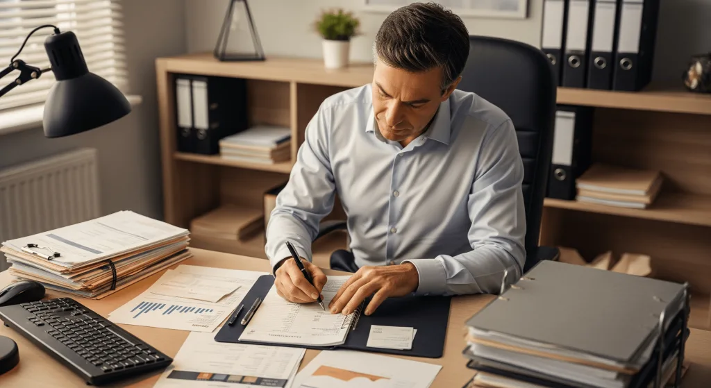 A team of Australian professionals is engaged in a collaborative discussion around a conference table, while a male accountant is separately focused on paperwork and writing at his desk.