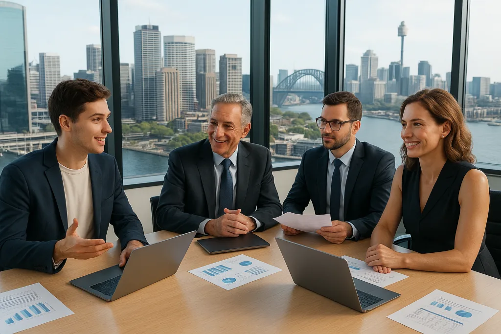 Team of professionals discussing ASIC Compliance Services in a modern office with Sydney city skyline in the background.