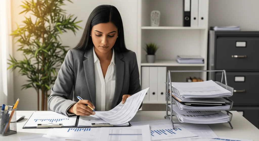 A dedicated Australian accountant is sitting at her desk, meticulously reviewing and signing paperwork, with various documents and a tray of papers beside her, showcasing the detailed work of outsourced accounting services.