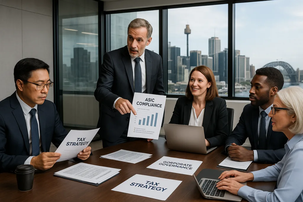 Corporate team meeting with charts discussing ASIC compliance and tax strategy, showcasing ICS support for international businesses entering Australia.
