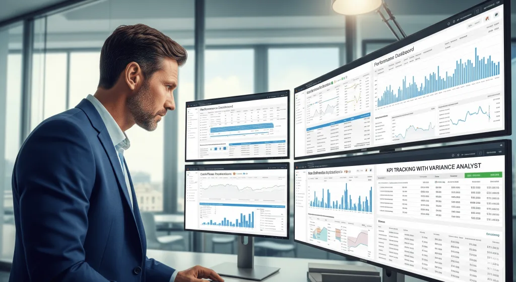 A focused Australian businessman is intently analyzing a multi-monitor display filled with various financial dashboards and charts, demonstrating the data-driven precision of outsourced accounting services.