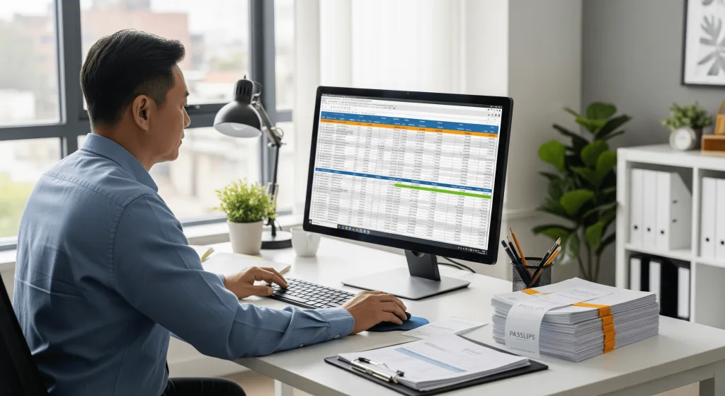 An Australian accountant intently works on a detailed spreadsheet on his computer, with a stack of invoices on his desk, highlighting the precise nature of outsourced accounting services.