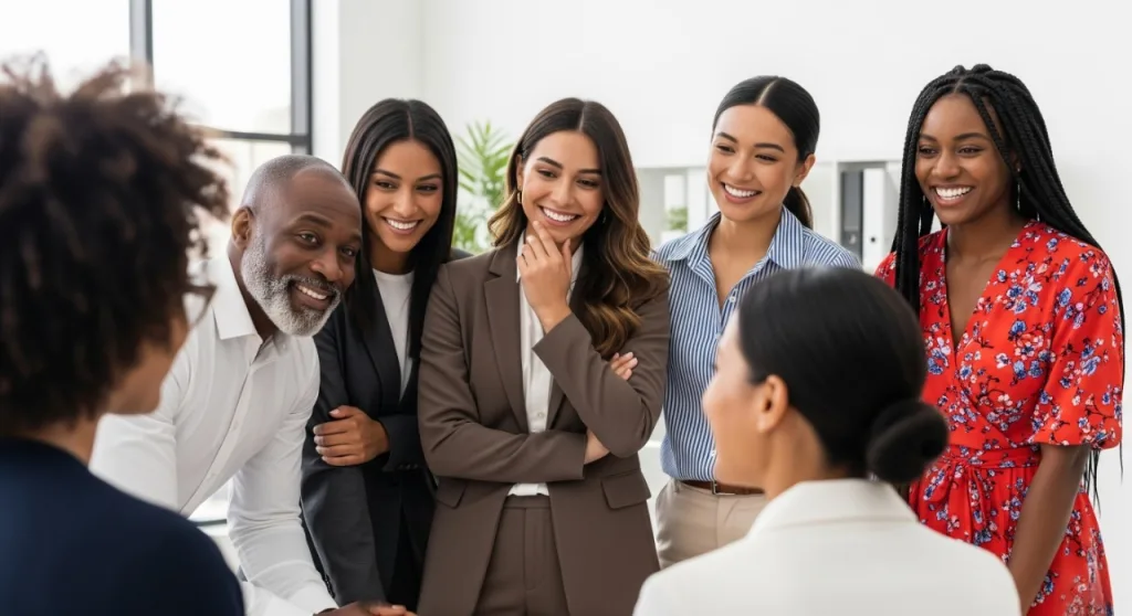 Team meeting in a modern office discussing Outsourced Payroll Services with diverse professionals smiling and collaborating.