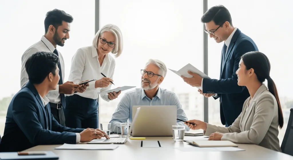 The diverse team of professionals is collaborating on outsourced accounting services in a bright meeting room, reviewing charts, documents, and a laptop.