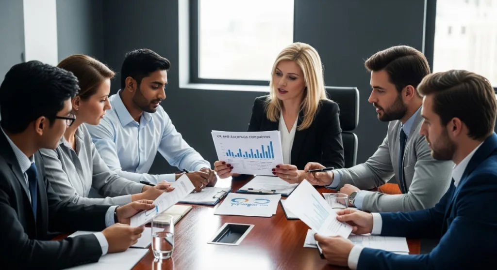 Business team discussing Payroll Outsourcing Services Australia for UK companies operating in Australia.