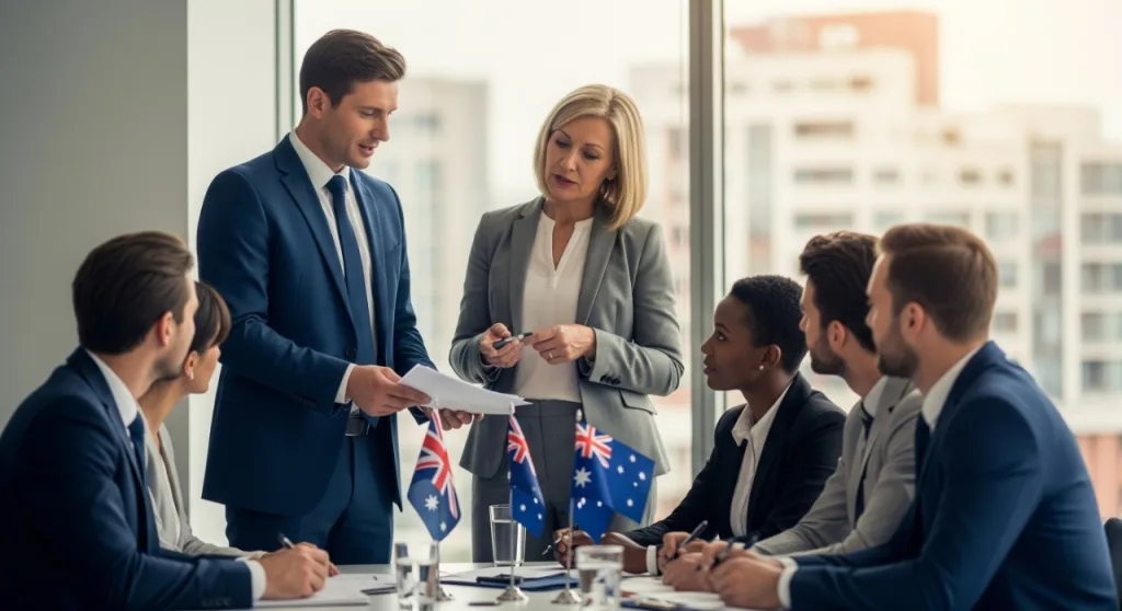 Business team meeting with Australian flags, discussing Outsourced Accounting Australia solutions for international companies.