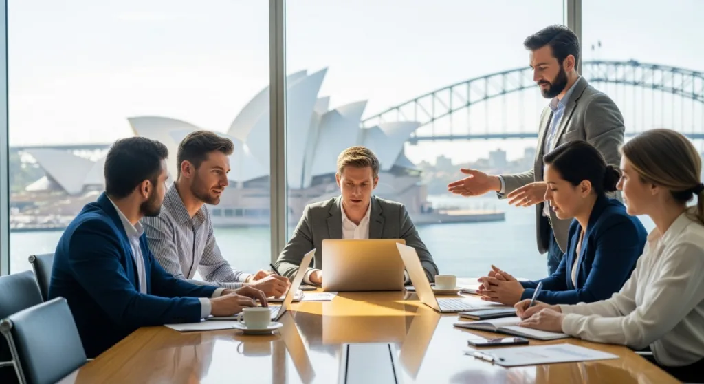 Team meeting in Sydney discussing Outsourced Payroll Services Australia for US businesses expanding operations.
