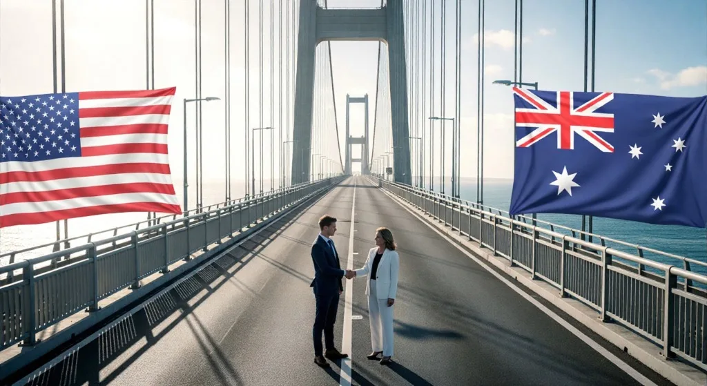 Business professionals shaking hands on a bridge between U.S. and Australia flags, symbolizing Outsourced Accounting Services Australia for U.S. businesses expanding operations