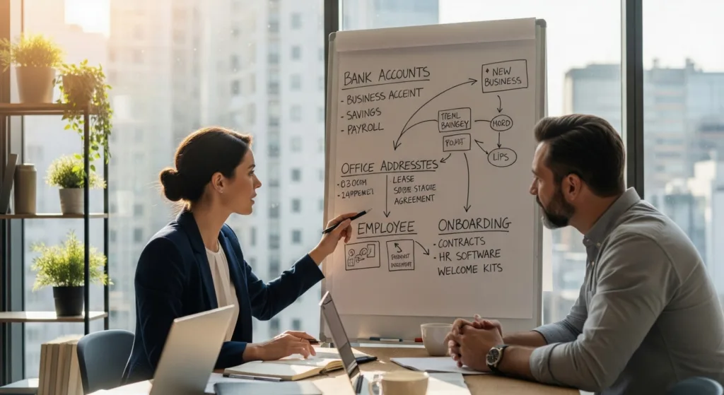 US business professionals planning office administration and onboarding strategies on a whiteboard during a corporate meeting.