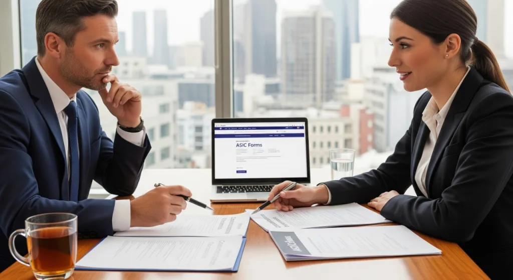 Two business professionals reviewing company registration documents at an office desk, with a laptop displaying registration details in the background. Caption emphasizes company registration assistance for UK businesses.