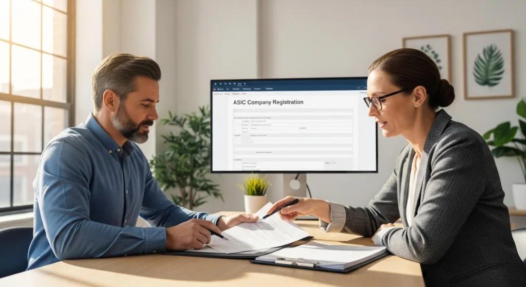 Business consultant assisting client with ASIC company registration documents — Company registration assistance for US businesses expanding to Australia