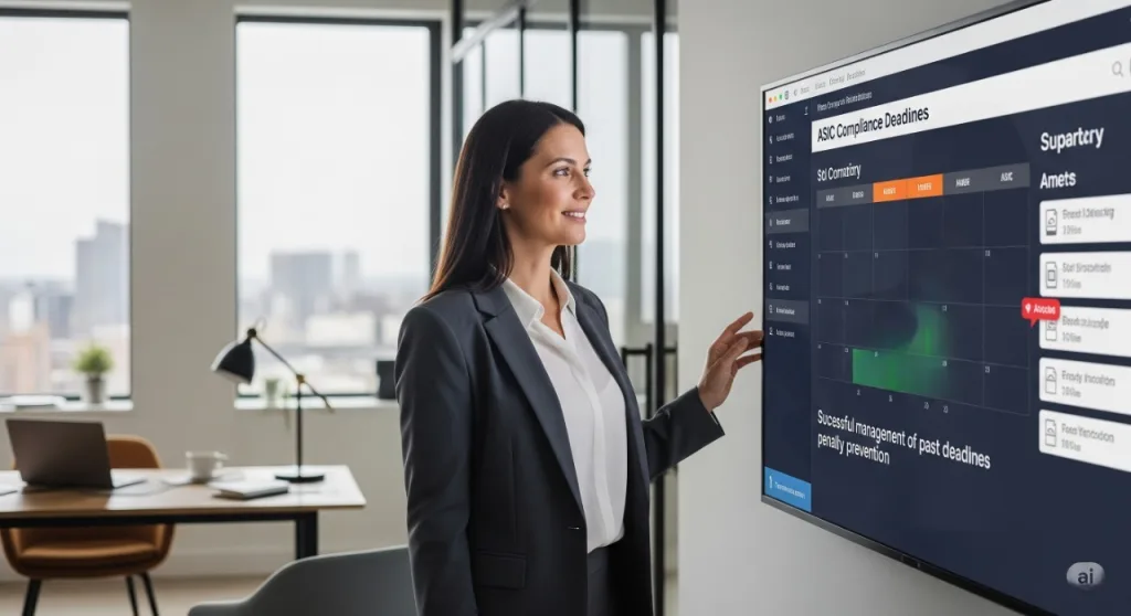 Business professional standing beside a digital dashboard displaying compliance monitoring and deadline alerts. Caption emphasizes compliance tracking and alert solutions for UK businesses.