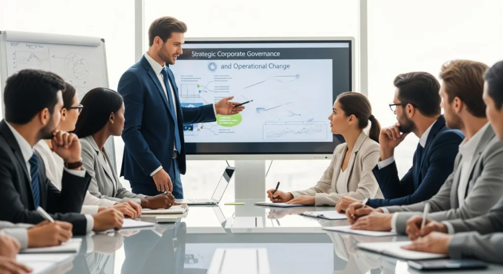 Corporate team attending a business presentation on strategic governance and operational change, led by a professional in a modern Australian boardroom.