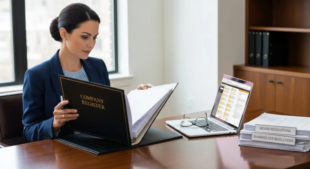 Corporate professional reviewing a company register with compliance documents and laptop — Corporate secretarial services for US businesses in Australia