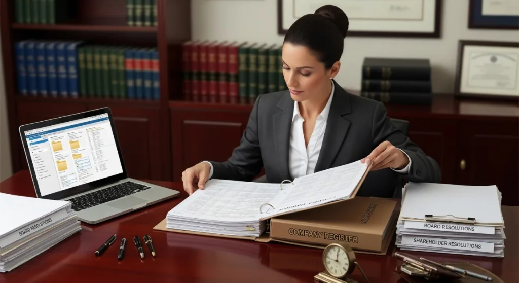 Professional reviewing company records and compliance documents in an office, with a laptop displaying corporate data. Caption highlights corporate secretarial solutions for UK businesses.