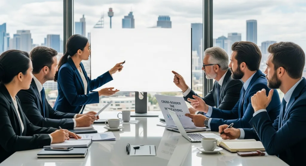 Corporate team in a boardroom discussing cross-border tax structuring strategies for US businesses expanding internationally.