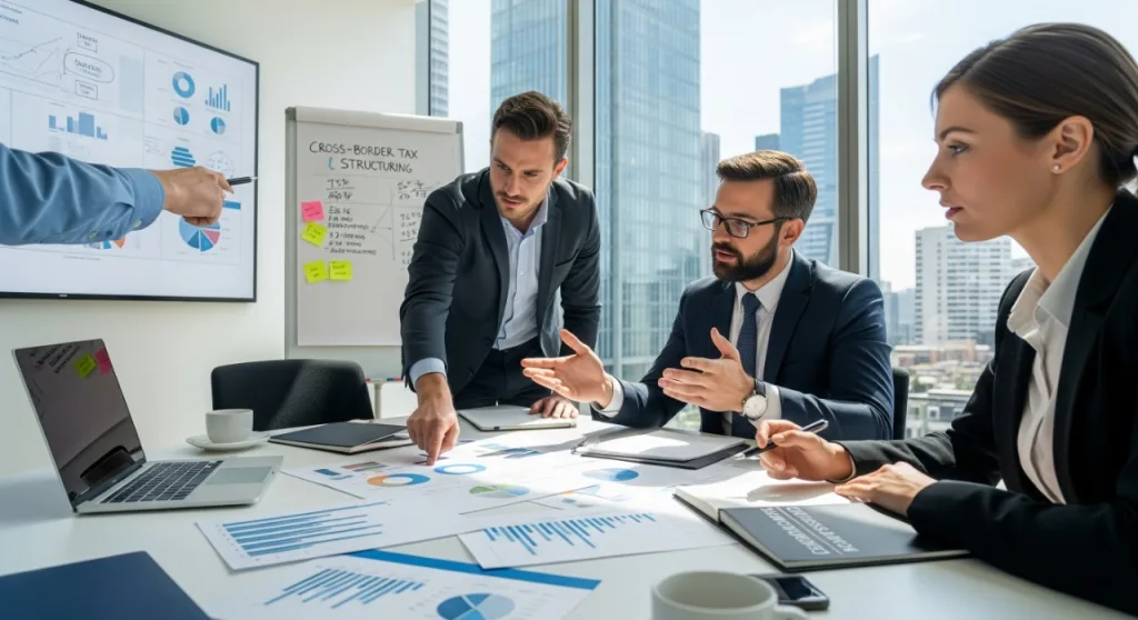 Business professionals in the UK reviewing financial data and strategies, representing cross-border tax structuring advisory.