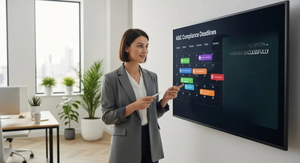 Business professional presenting ASIC compliance deadlines on a digital screen — Deadline tracking and compliance alerts for US companies in Australia