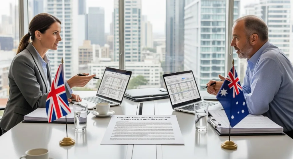 Business meeting between UK and Australian representatives discussing Double Taxation Agreement, with national flags and financial documents on laptops.