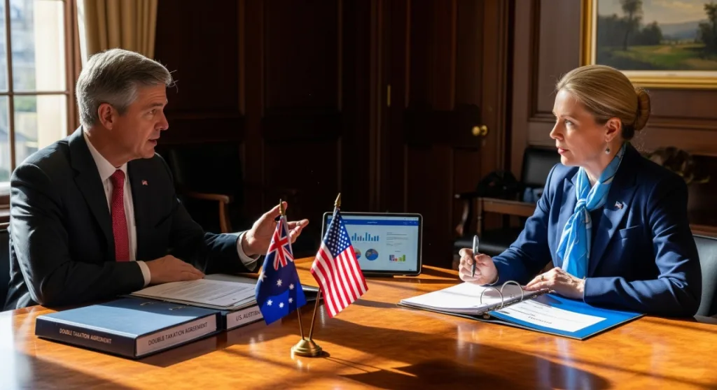 US and Australian business professionals discussing double taxation agreement planning to support cross-border investments and tax compliance.