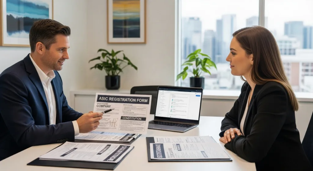 US business advisor explaining ASIC registration forms to a client during a consultation on setting up a company in Australia.