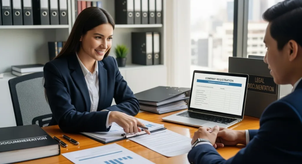 Business consultant explaining company registration documents to a client in a modern office, with legal and compliance folders on the desk.