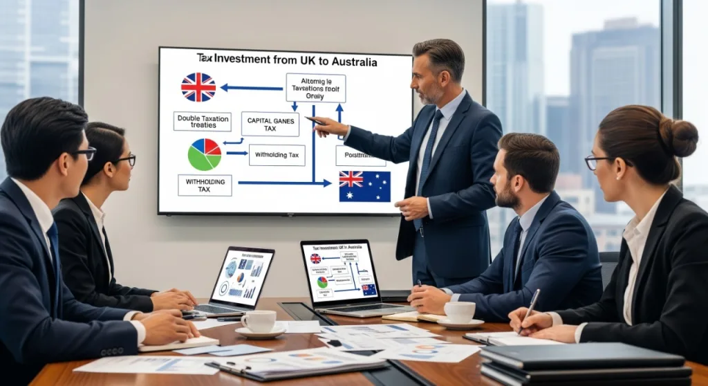 Business team presentation on inbound investment tax advice between UK and Australia, with charts and tax flow diagrams.