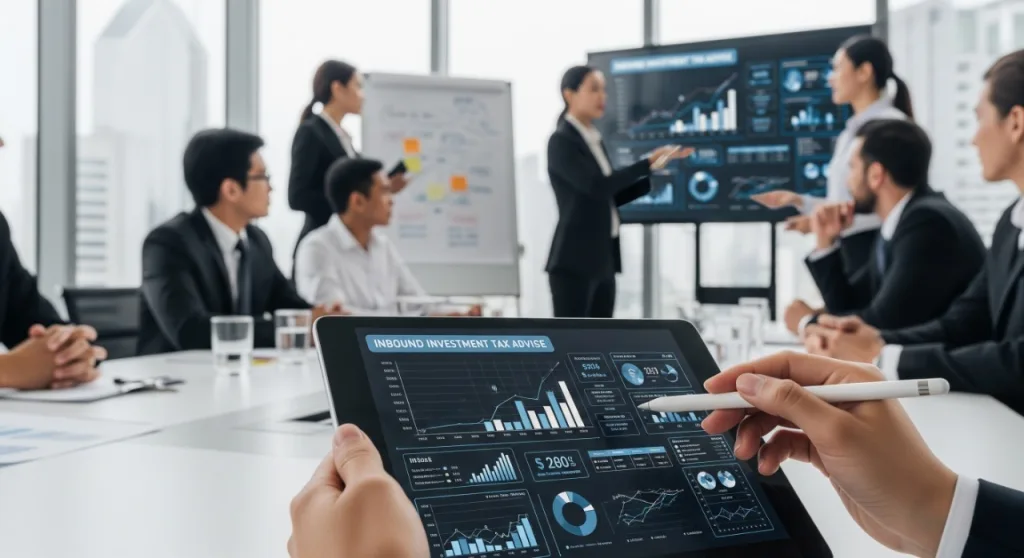 Corporate team in the US discussing inbound investment tax advice with digital charts and financial data on screen and tablet.