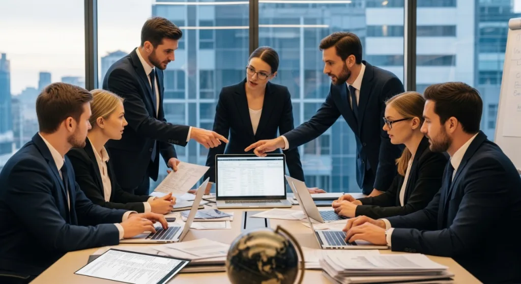 Corporate team in a meeting reviewing financial documents and laptops on international tax compliance and reporting.