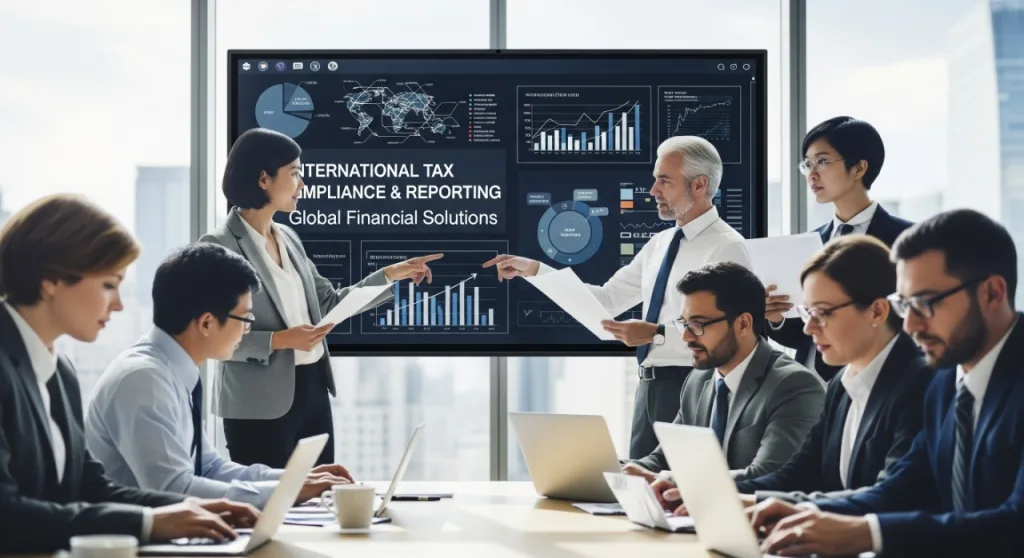 Business professionals in the US reviewing international tax compliance and reporting strategies with charts and data on screen.