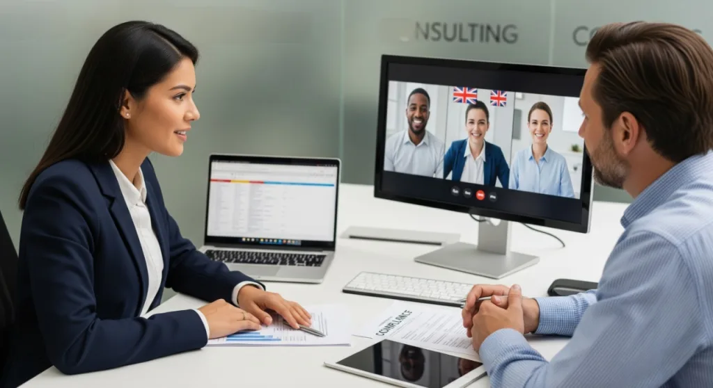 A businesswoman and a male colleague are on a video conference call with three people. The screen shows three individuals, two women and one man, with the British flag visible, suggesting an international meeting.