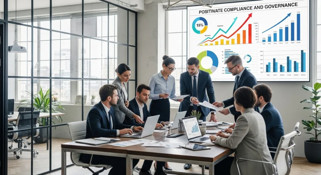 Team of business professionals in a boardroom discussing reports and compliance charts, with a large screen displaying governance and performance data. Caption highlights ongoing compliance and governance support for UK businesses.
