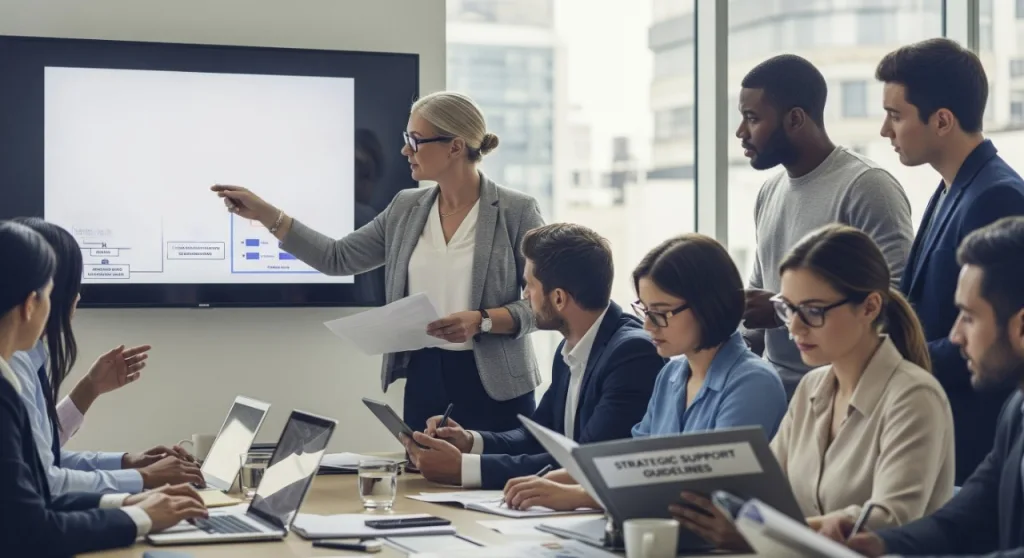 A group of diverse business professionals attending a presentation in a modern office boardroom, with a woman presenter pointing at a screen displaying charts and data.