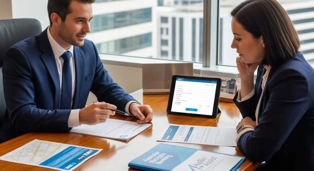 A smiling financial advisor points to a document for a male client, while a laptop with a Login Registration page is visible on the desk. They are seated in an office, likely going over paperwork for a new account.
