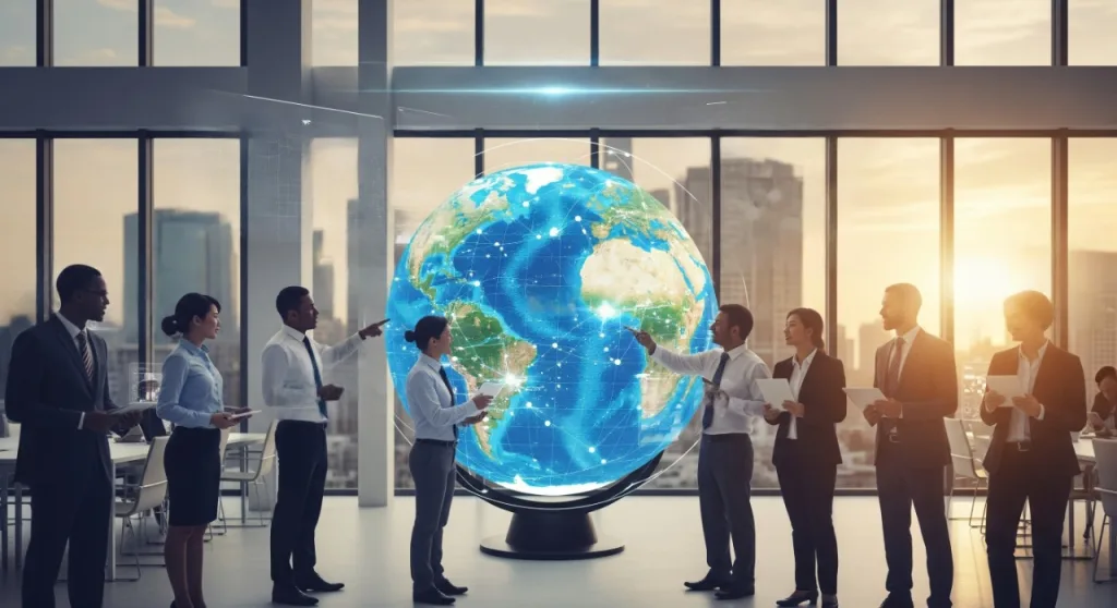 Business professionals in the US collaborating on global strategies, symbolising partnering with International Commercial Services.