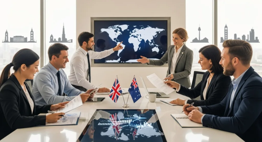 UK and Australian business professionals in a boardroom meeting with international maps and flags, symbolizing cross-border collaboration. Caption highlights resident director services for UK businesses partnering with international commercial services.