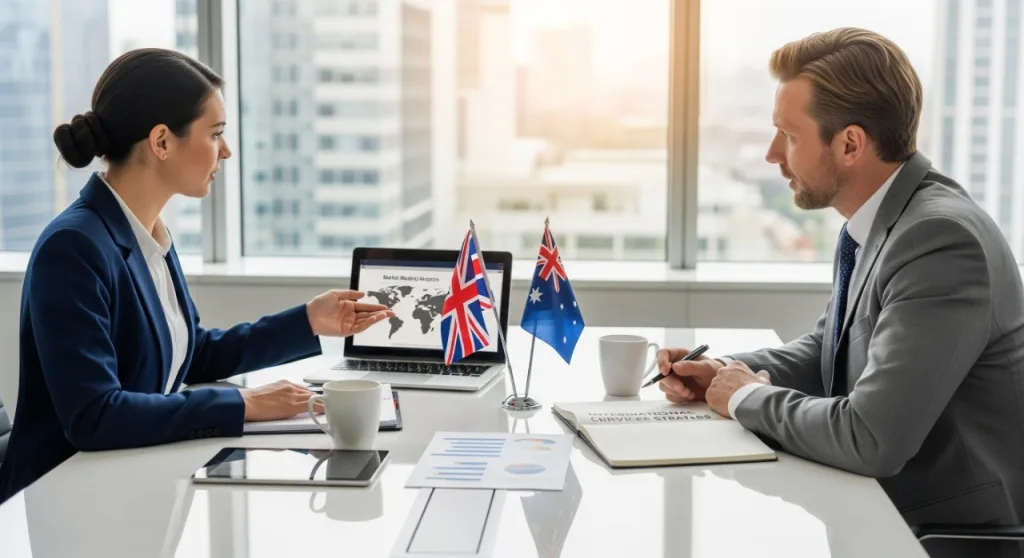 UK and Australian business professionals in a meeting discussing international commercial services partnership.
