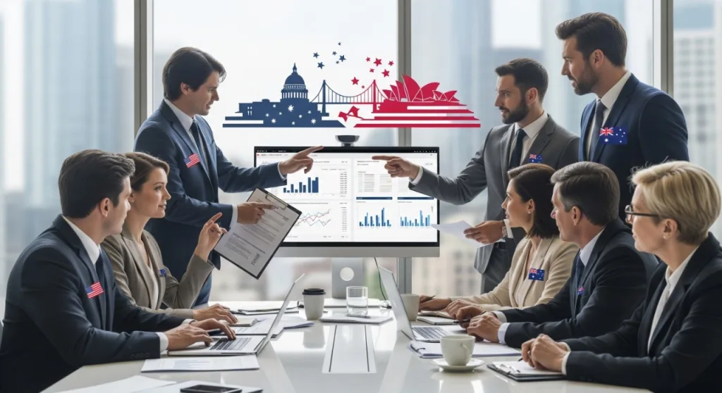 Business professionals in a cross-border strategy meeting with US and Australia graphics Resident director services for US businesses partnering with International Commercial Services