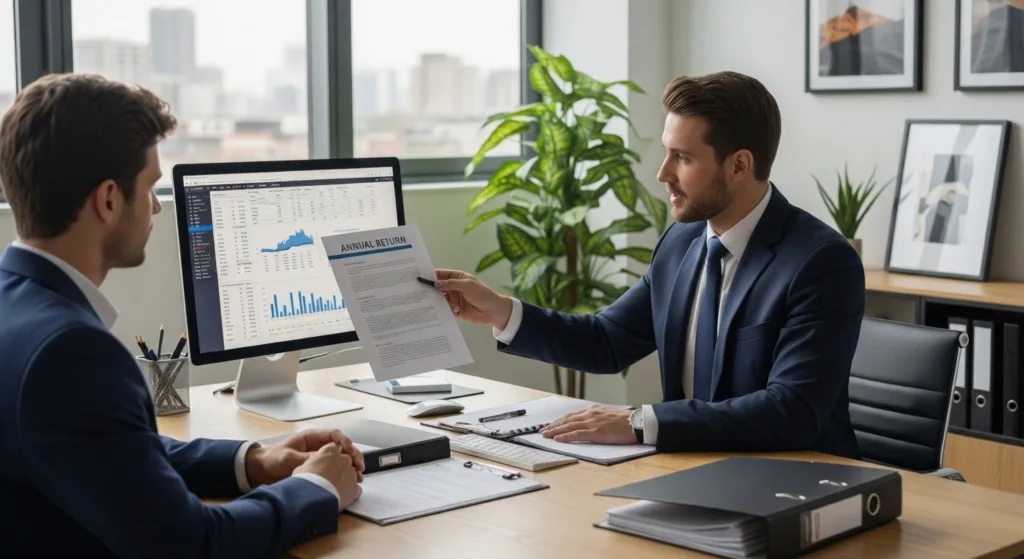 US corporate professionals analyzing financial performance data and business growth reports during a strategy meeting in a modern office.